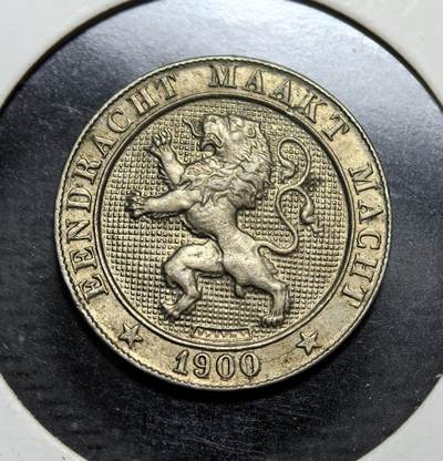 外国优质银币克朗币纪念章，每周六晚九点倒数截拍，满百包邮可寄存，持续收拍 - 比利时利奥波德二世1900年5生丁，正面为国王名与面值，背面是比利时立狮与荷兰语国训 “团结就是力量”，是比利时近代流通辅币，见证其君主制历史。