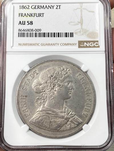 万国钱币拍卖第064期 - NGC AU58 1862年德国法兰克福少女2泰勒 原味欧陆淡彩环绕状态舒适