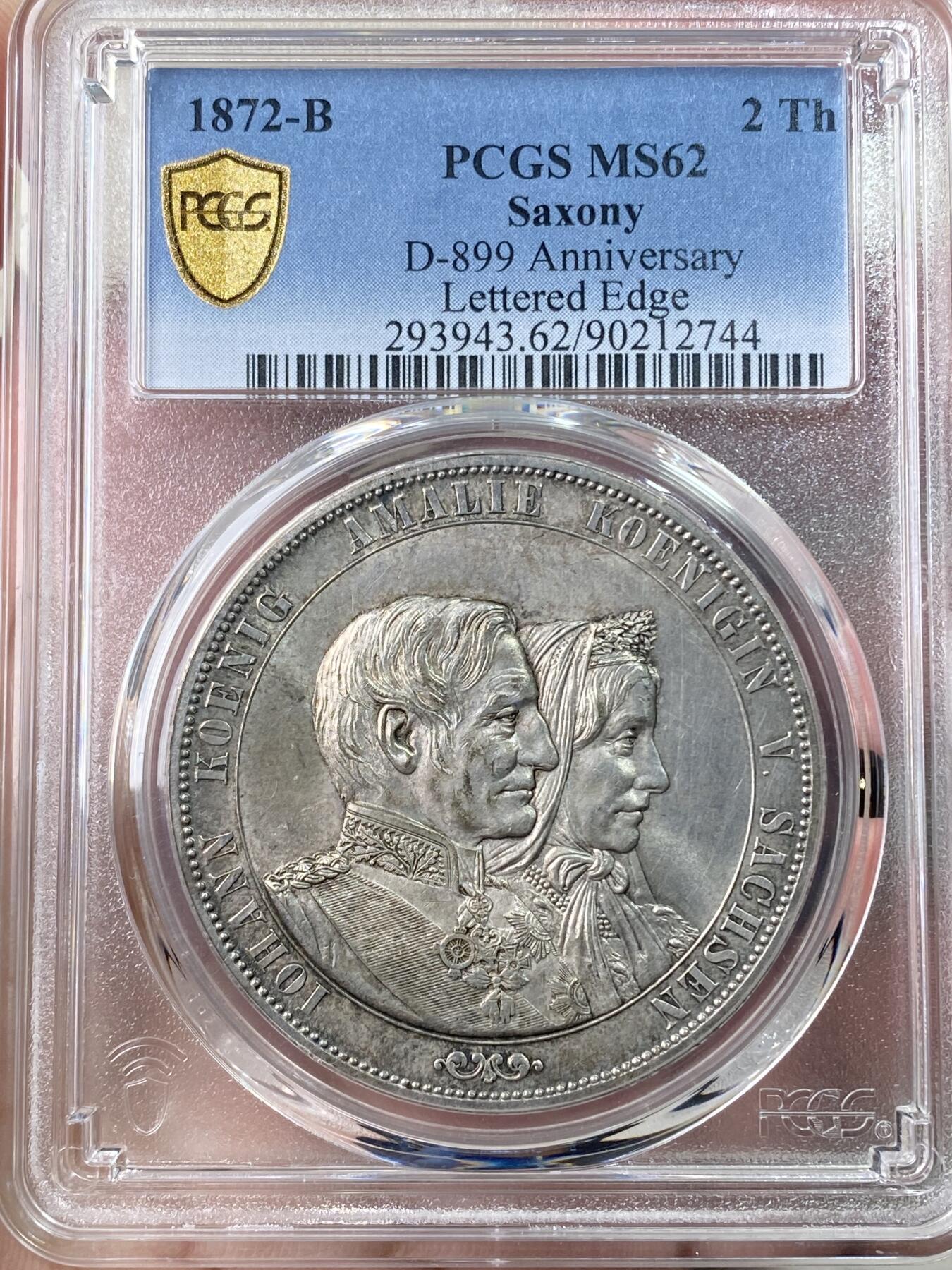 万国钱币拍卖第064期 PCGS MS62 1872年德国萨克森金婚2泰勒 经典品种 最后的2泰勒 原味欧陆淡彩转光 全深打戎装胸章清晰