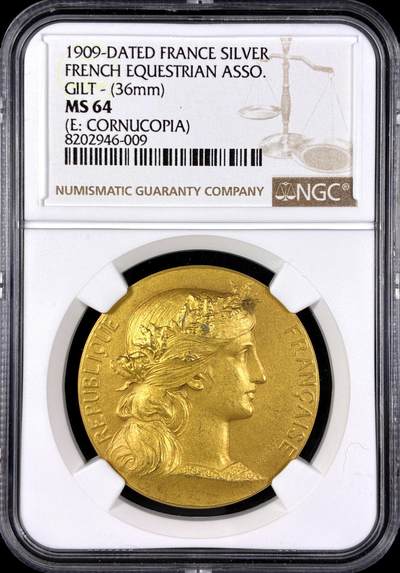 【雨安】【直播拍卖】【第0131期-评级币章】2026-04-04 周六 19:30 (金价1060, 银价18.08)  - [评级章] France [章] 法国 1909年 马术协会 镀金银章  NGC-MS64