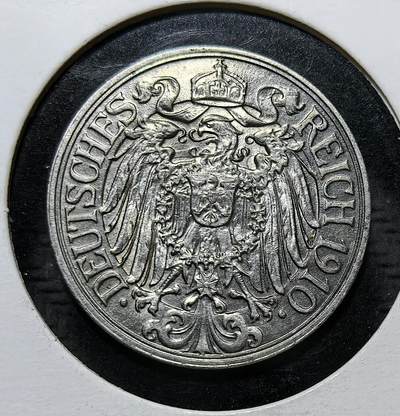 外国优质银币克朗币纪念章，每周六晚九点倒数截拍，满百包邮可寄存，持续收拍 - 德意志第二帝国1910年25 芬尼镍币，E 厂标代表穆尔德海姆造币厂，正面为帝国鹰徽，背面麦穗环绕面值，是一战前德国金马克体系下的法定流通辅币。