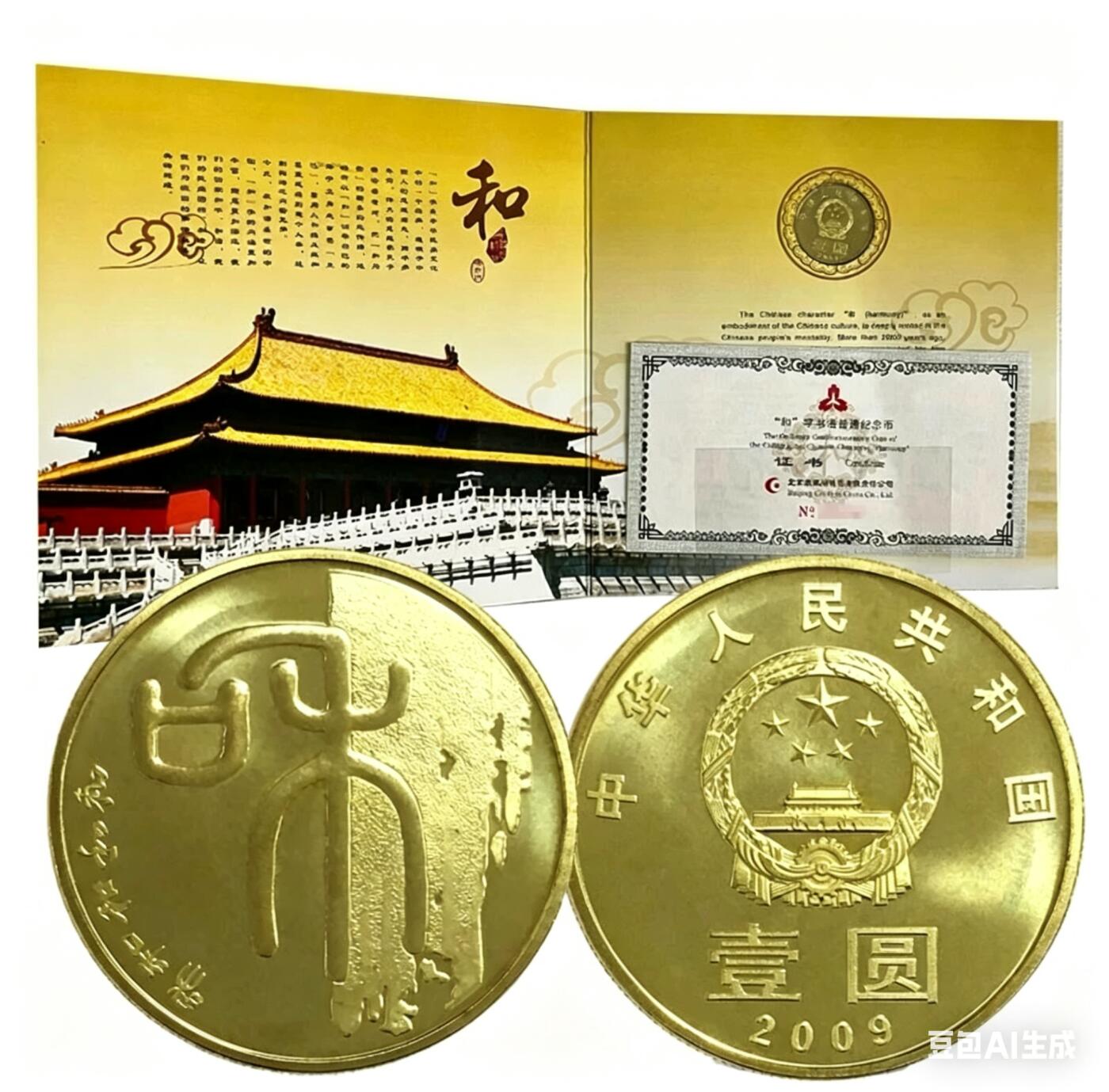 2009年“和”字书法篆书普通纪念币，康银阁装帧卡册，带原包装盒+证书，品相好，币面亮，无氧化，保存很好。一套一枚，面值1元，铜质，收藏送礼都合适。按图发货！