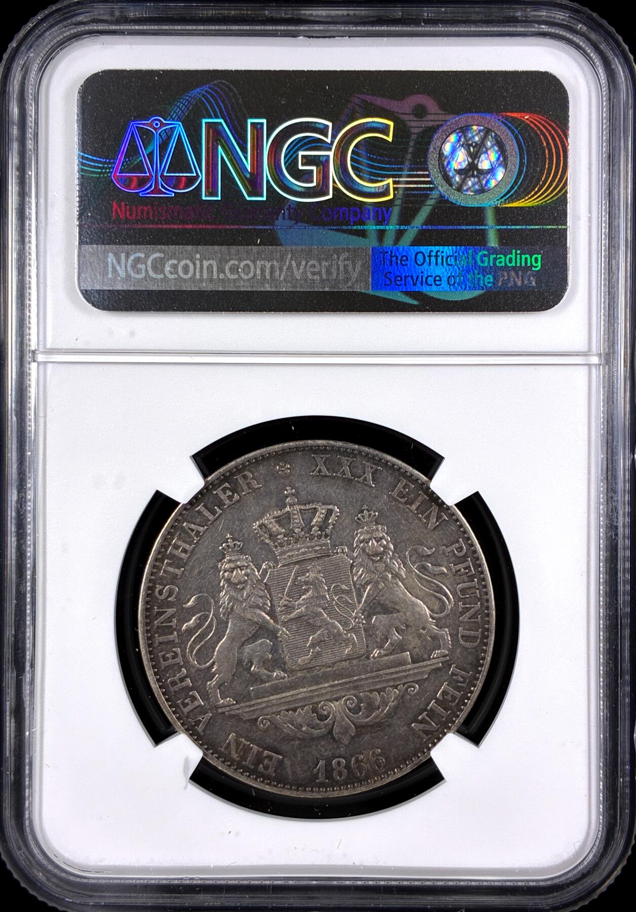 【雨安】【直播拍卖】【第0131期-评级币章】2026-04-04 周六 19:30 (金价1060, 银价18.08)  [评级德国] Germany 德国 德意志 1泰勒 Hesse-Darmstadt黑森 Thun.200 KM#0338 (1857-1871) 路德维希三世 1866年  NGC-XF