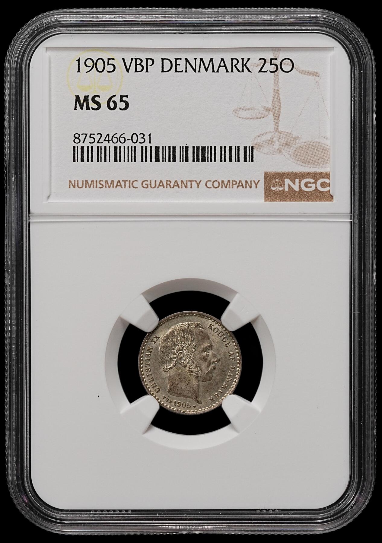 修遠堂世界钱币第110期 NGC MS65  1905年丹麦海豚25欧尔银币