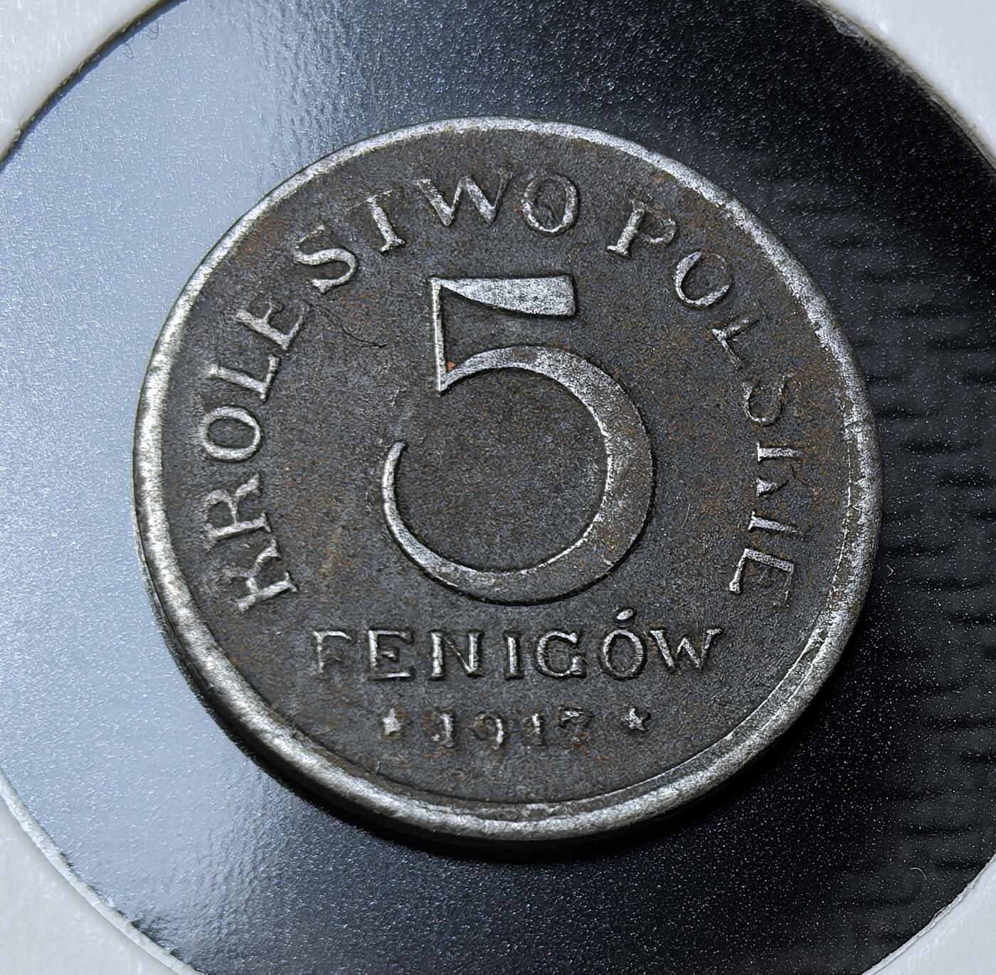 外国优质银币克朗币纪念章，每周六晚九点倒数截拍，满百包邮可寄存，持续收拍 波兰王国（一战德占时期傀儡政权）1917年5芬尼铁币，正面为波兰白鹰国徽，是一战期间波兰复国过渡阶段的临时货币，见证了波兰近代主权重建的历史。