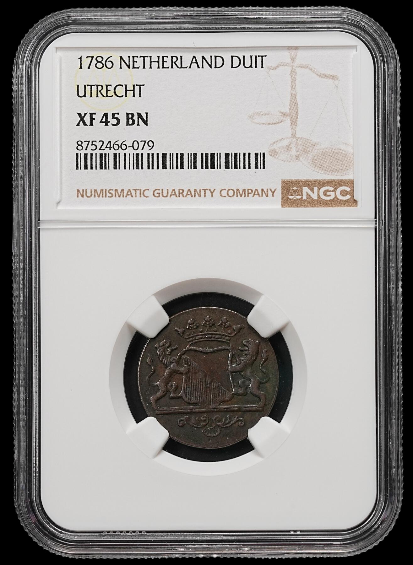 修遠堂世界钱币第110期 NGC XF45BN 1786 年荷兰乌得勒支省1杜特铜币
