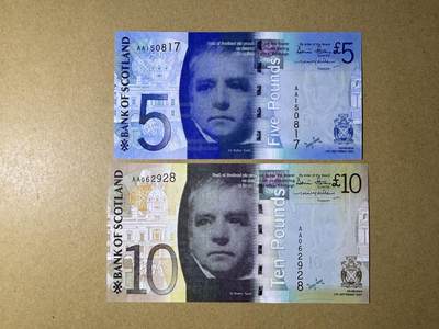 《愛美收藏》第239期-4.5周日外币黄金场  - 苏格兰5、10镑2张 UNC 2007年 苏格兰银行 AA冠 无4