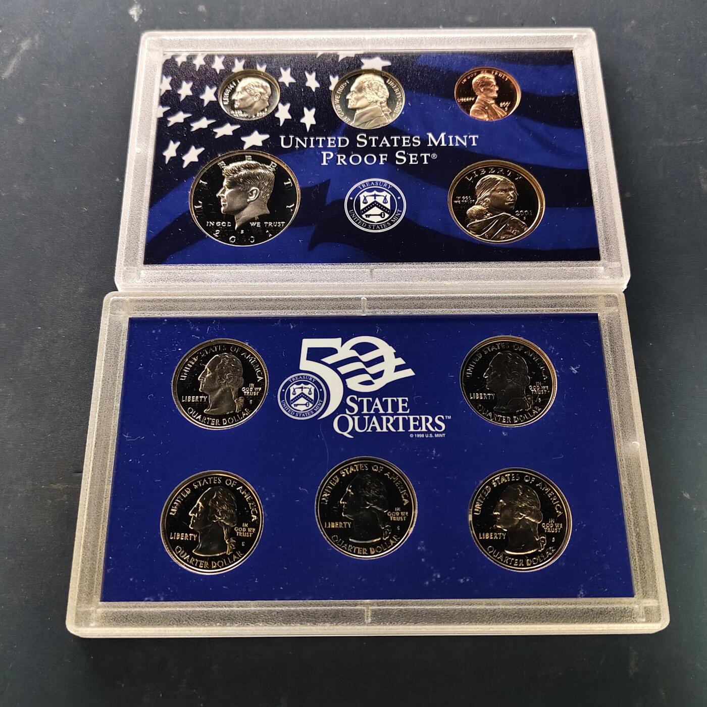 【全场包邮】纯粹捡漏拍519场 美国2001年官方封装精制套币（流通币一盒+州币一盒）-盒证全