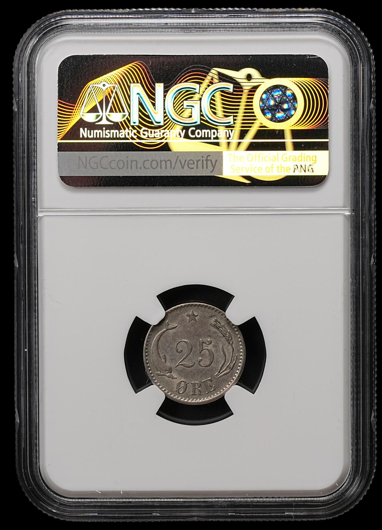 修遠堂世界钱币第110期 NGC MS62 1874年丹麦海豚25欧尔银币，首年份，充分流通品种，MS稀见