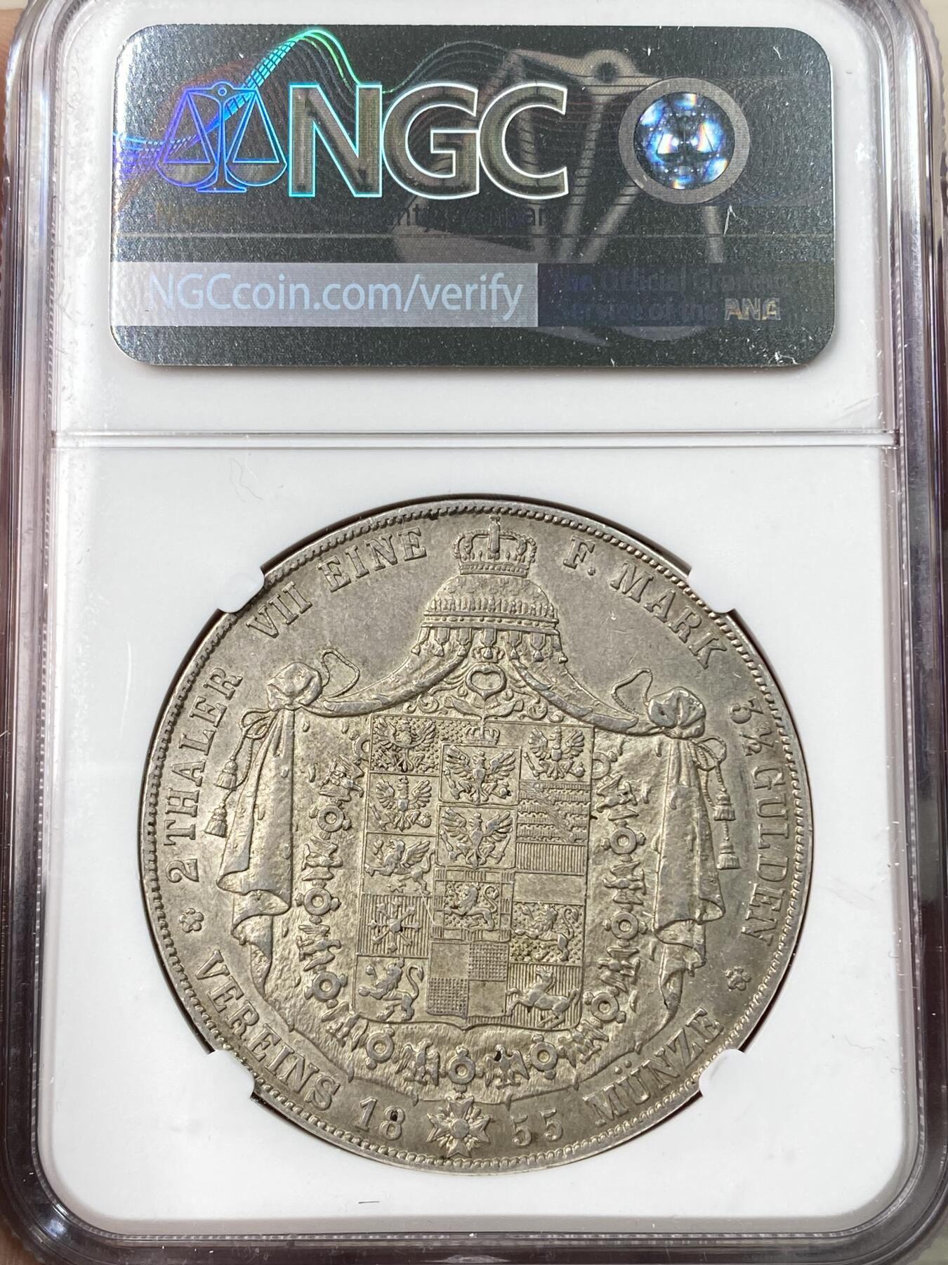 万国钱币拍卖第064期 NGC AU58 1855年德国普鲁士威廉四世大窗帘流通2泰勒 经典普鲁士洋葱头2T 原味德式淡彩老藏质感 纹章打制异常犀利