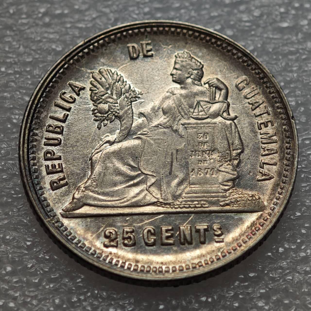  【淘币小摊】限时拍第八百九十二拍   教皇国塞舌尔加纳危地马拉场    每周一统一发货 危地马拉1893年25分银币原光好品 km209.2