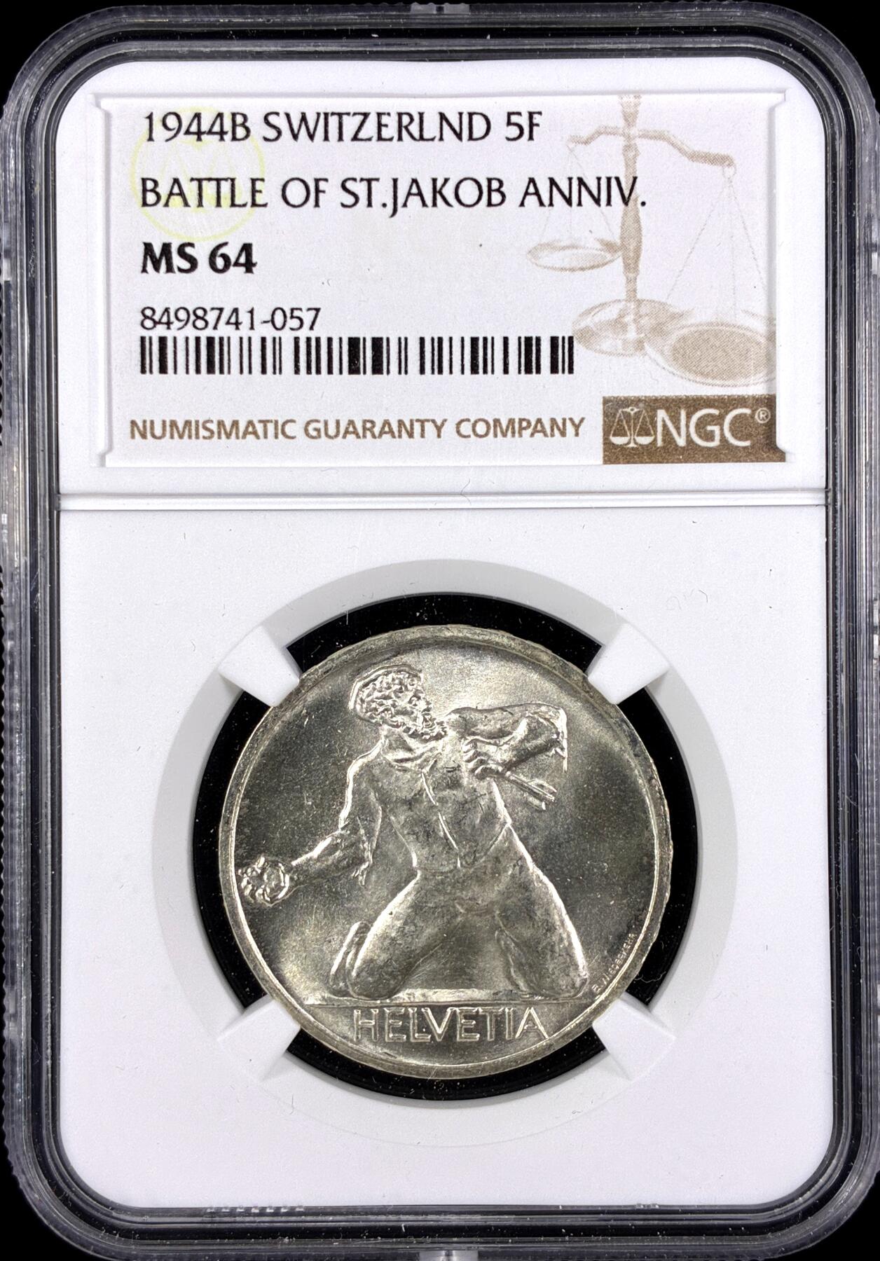 【雨安】【直播拍卖】【第0131期-评级币章】2026-04-04 周六 19:30 (金价1060, 银价18.08)  [评级欧洲] Switzerland 瑞士 5法郎 1944年 圣雅各布比尔斯战役 KM# 45  NGC-MS64