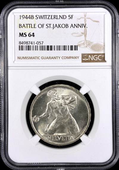 【雨安】【直播拍卖】【第0131期-评级币章】2026-04-04 周六 19:30 (金价1060, 银价18.08)  - [评级欧洲] Switzerland 瑞士 5法郎 1944年 圣雅各布比尔斯战役 KM# 45  NGC-MS64