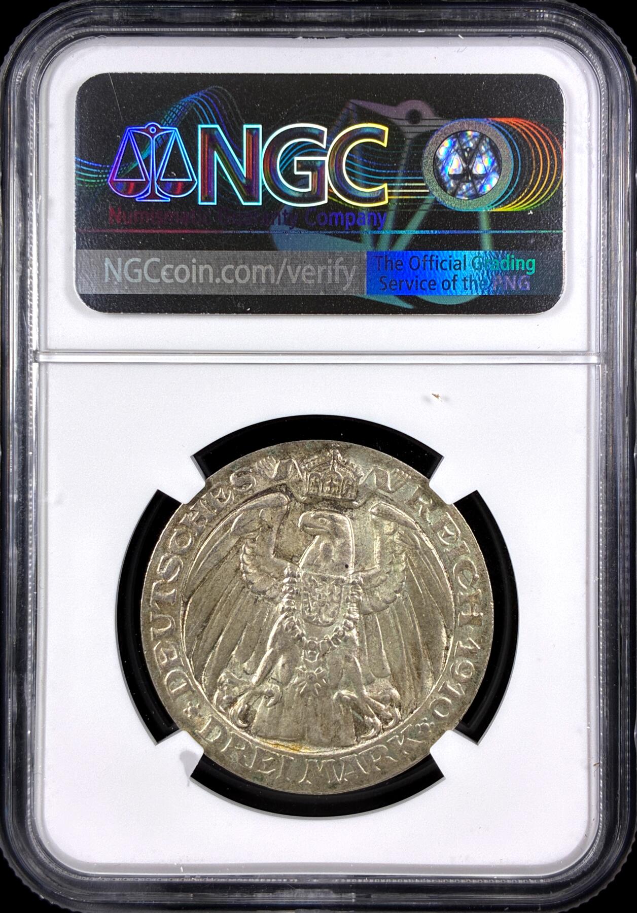 【雨安】【直播拍卖】【第0131期-评级币章】2026-04-04 周六 19:30 (金价1060, 银价18.08)  [评级德国] Germany 德国 帝国 J.107 普鲁士 3马克 (1910) 柏林大学 1910年  NGC-MS64