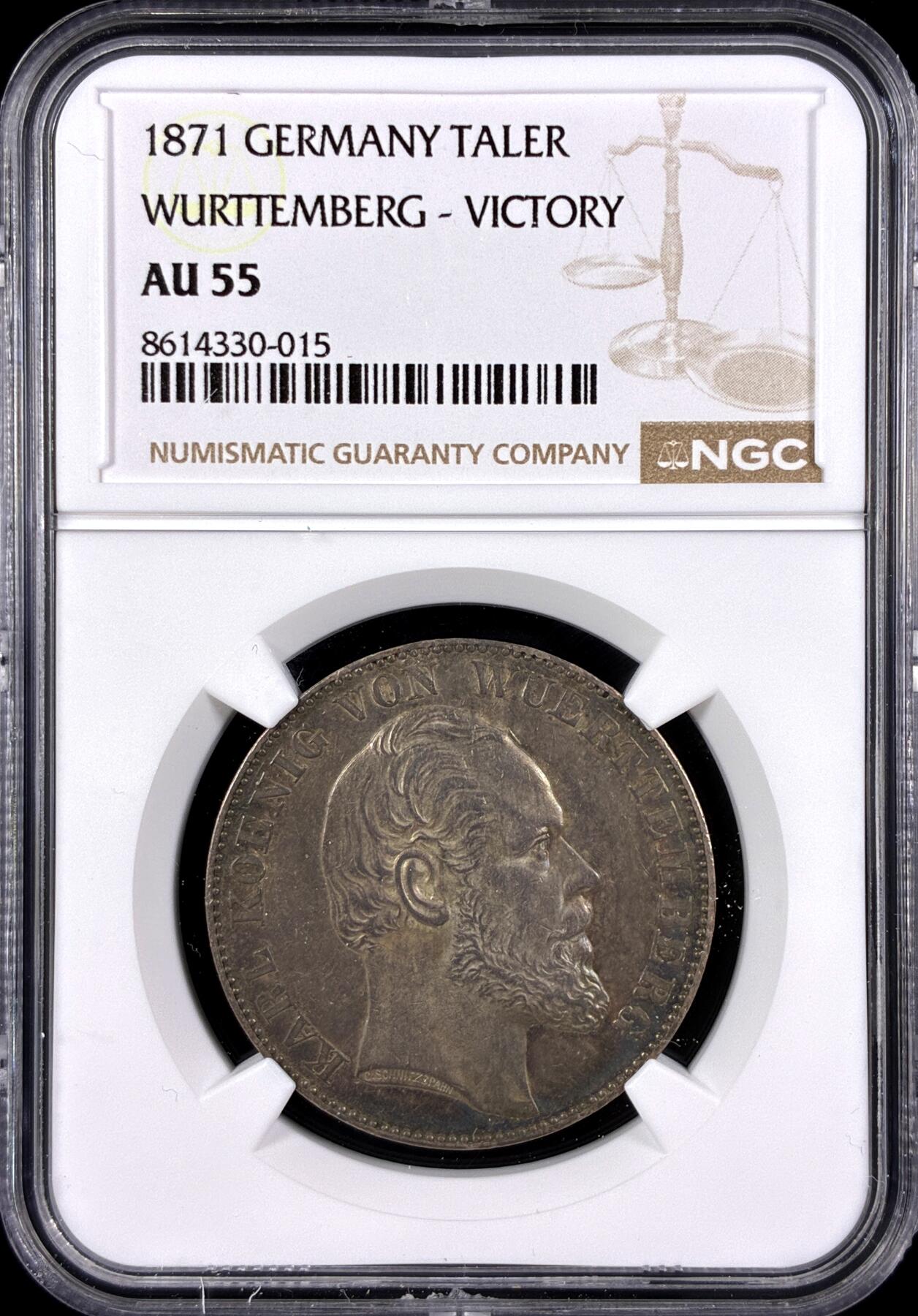 【雨安】【直播拍卖】【第0131期-评级币章】2026-04-04 周六 19:30 (金价1060, 银价18.08)  [评级德国] Germany 德国 德意志 1泰勒 Wurttemberg符腾堡 Thun.443 KM#0620 (1871) 普法战争 1871年  NGC-AU55