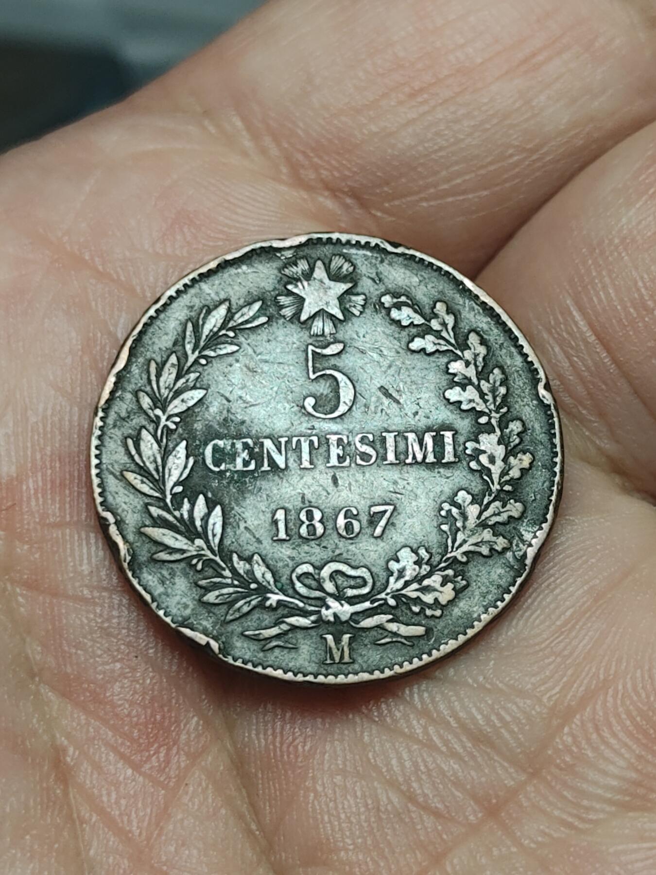 2026年第四十场(总第二百零九场）外国好品散币场(免佣金) 意大利王国1867年5分(维托里奥·埃马努埃莱二世时期，M标米兰造，关门年仅发行2年)