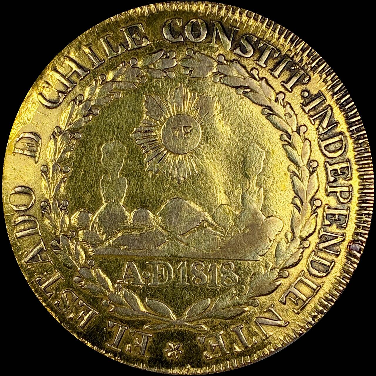 【雨安】【直播拍卖】【第0131期-评级币章】2026-04-04 周六 19:30 (金价1060, 银价18.08)  [裸币金币] Chile [金币] 智利 8埃斯库多 1822年 极其罕见, NGC鉴定, 但是币面改变没有装盒子 24.5克