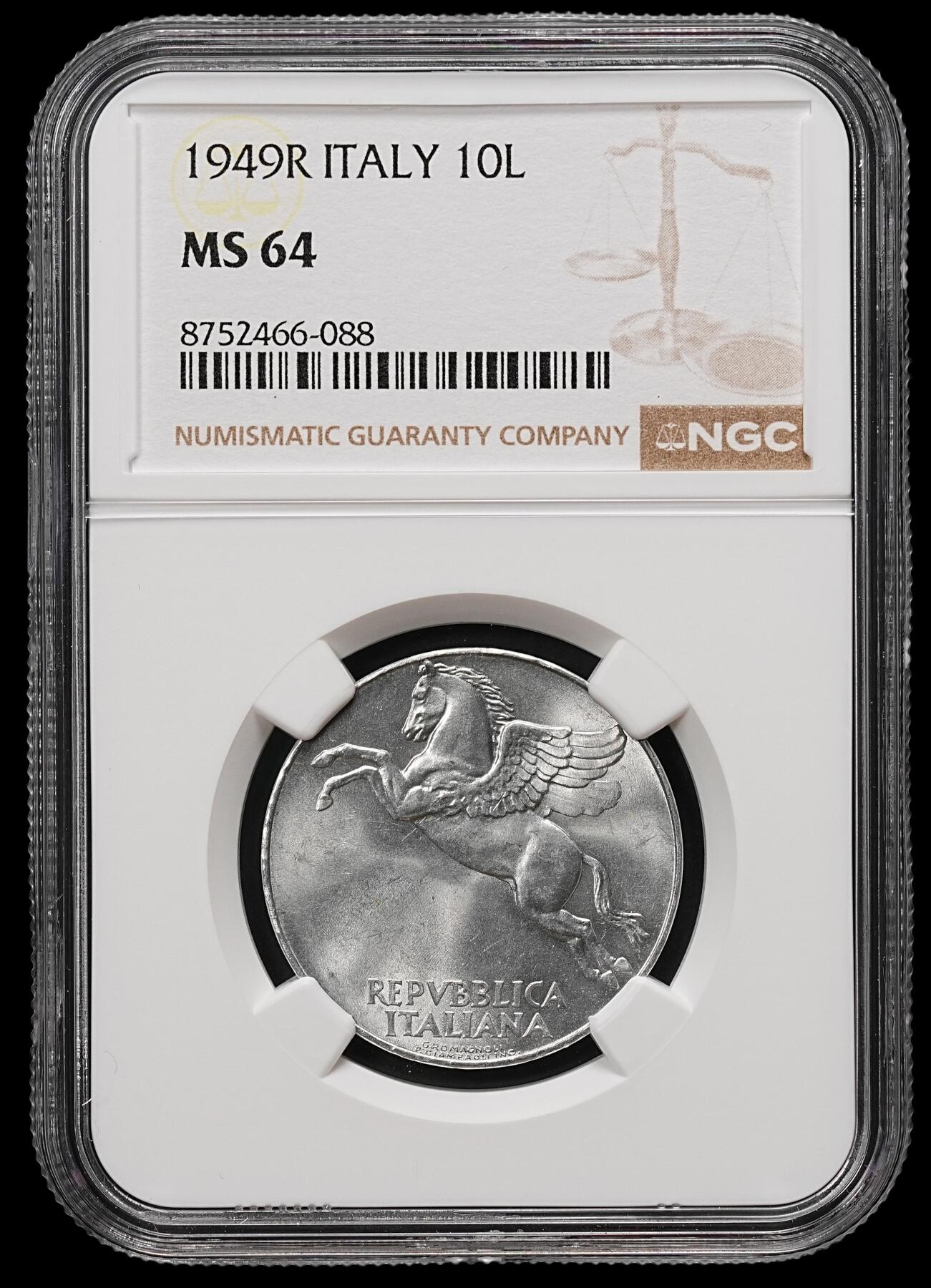 修遠堂世界钱币第110期 NGC MS64  1949年意大利10里拉