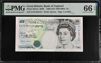 《愛美收藏》第239期-4.5周日外币黄金场  - 英格兰5镑 PMG66E E序列 1990年