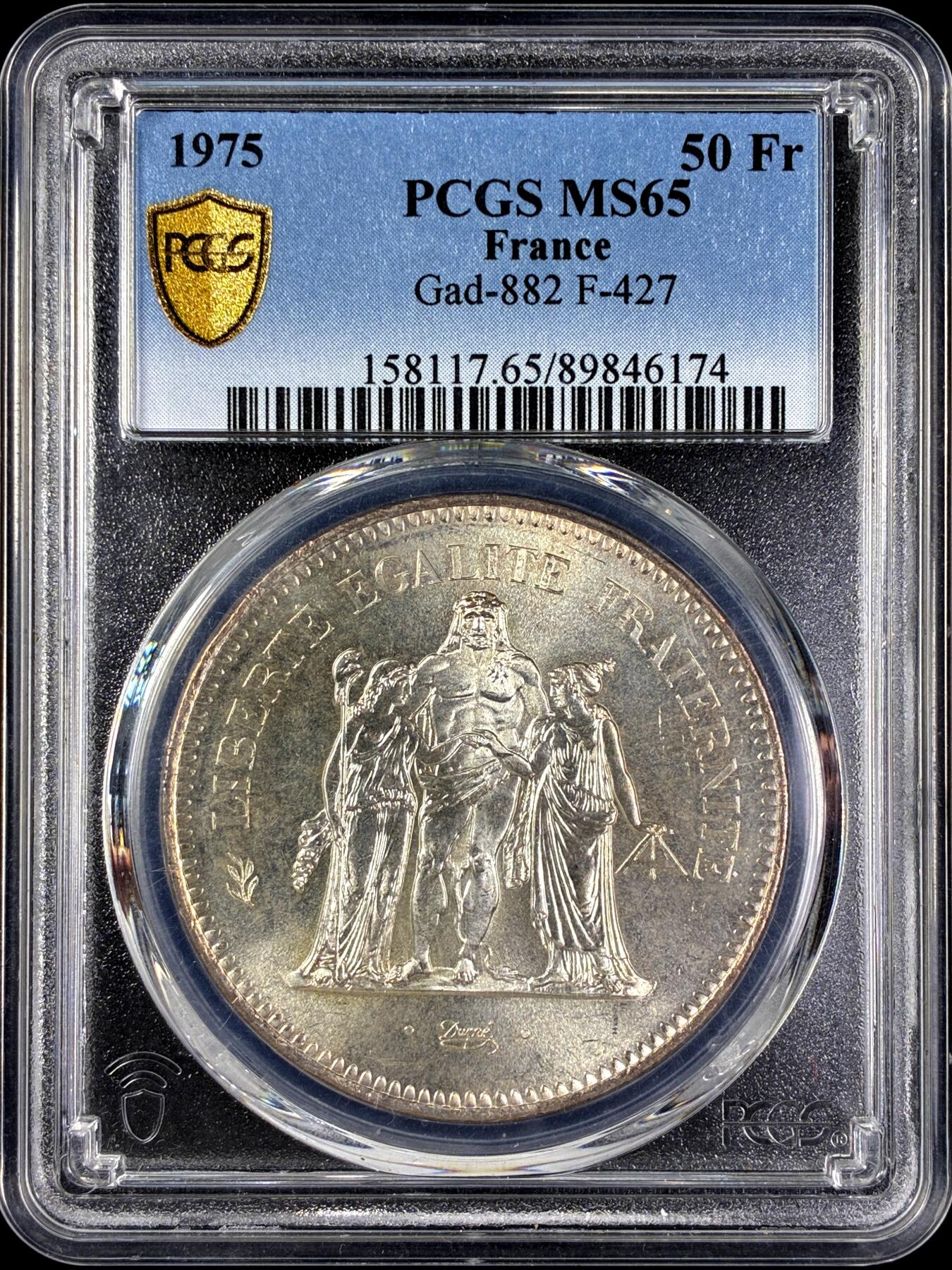 【雨安】【直播拍卖】【第0131期-评级币章】2026-04-04 周六 19:30 (金价1060, 银价18.08)  [评级法国] France 法国 50法郎 1975年 大力神  PCGS-MS65