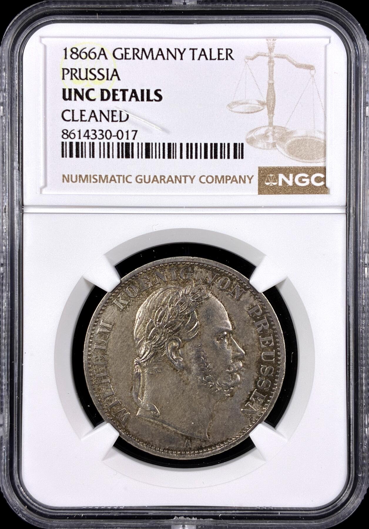 【雨安】【直播拍卖】【第0131期-评级币章】2026-04-04 周六 19:30 (金价1060, 银价18.08)  [评级德国] Germany 德国 德意志 1泰勒 Prussia普鲁士 Thun.271 KM#0497 (1866) 威廉一世.普奥战争.桂冠 1866年  NGC-UNC