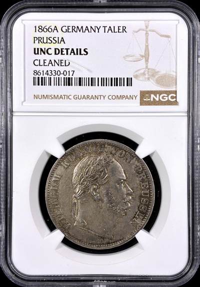 【雨安】【直播拍卖】【第0131期-评级币章】2026-04-04 周六 19:30 (金价1060, 银价18.08)  - [评级德国] Germany 德国 德意志 1泰勒 Prussia普鲁士 Thun.271 KM#0497 (1866) 威廉一世.普奥战争.桂冠 1866年  NGC-UNC