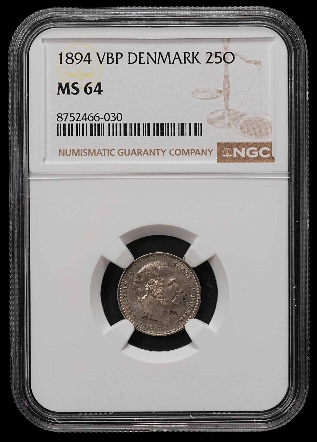 修遠堂世界钱币第110期 NGC MS64 1894年丹麦海豚25欧尔银币