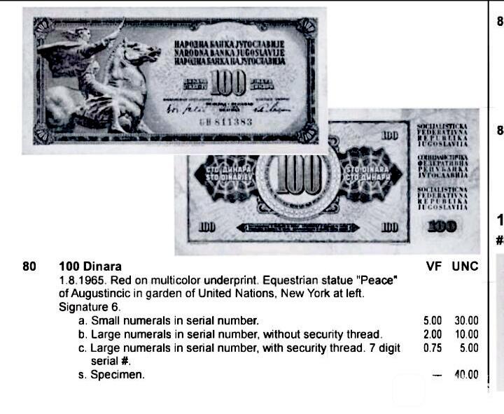 全新南斯拉夫1965年100第纳尔超级靓品纸币3枚一组