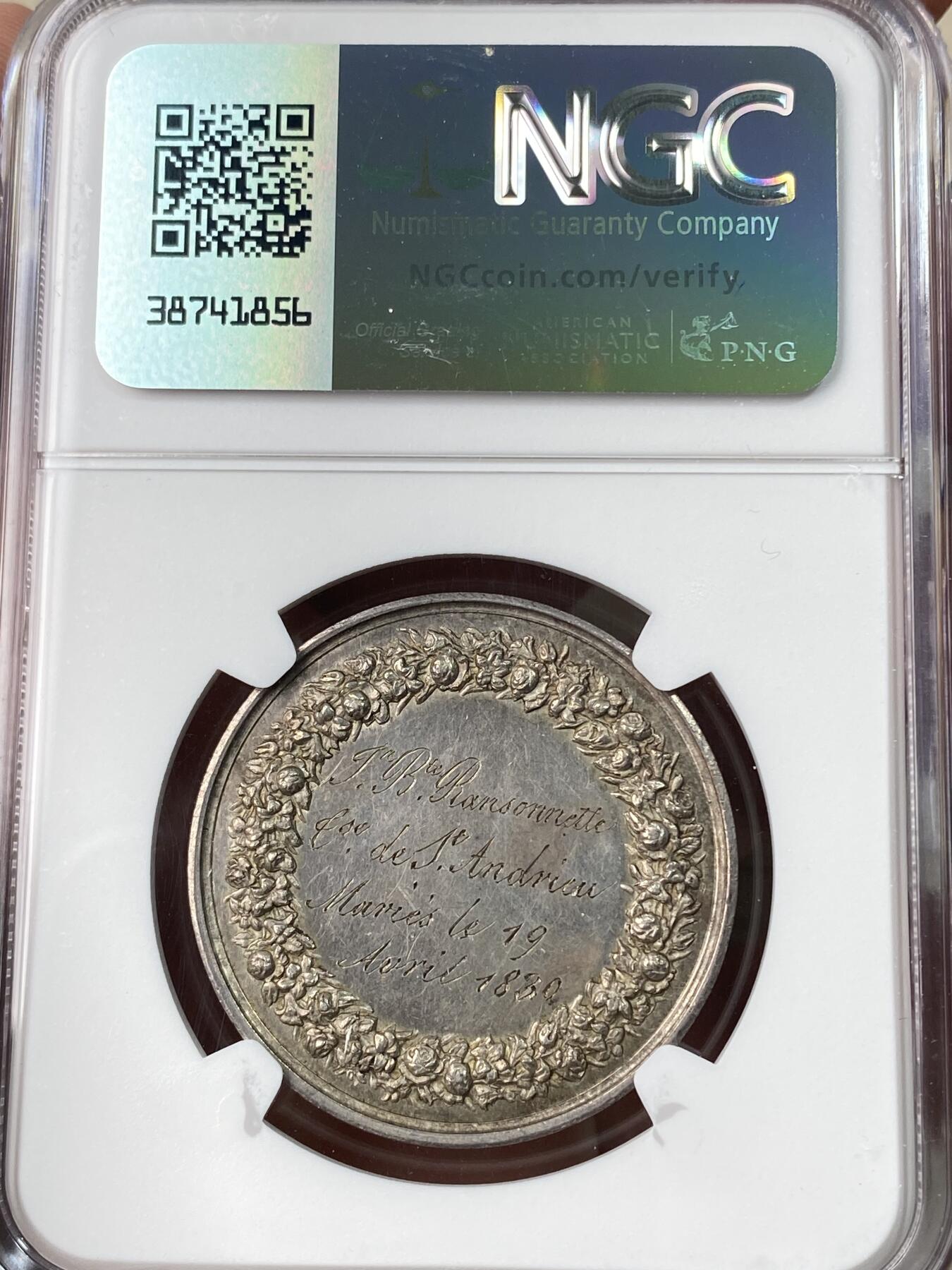 万国钱币拍卖第064期 NGC MS62 1830年法国经典结婚纪念银章 高浮雕人物刻画细腻