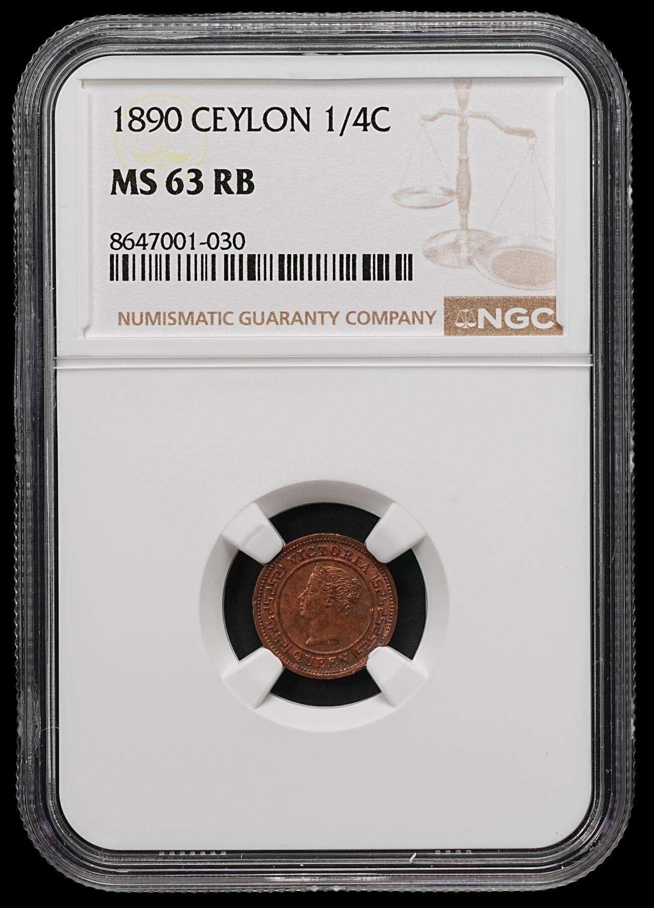 修遠堂世界钱币第110期 NGC MS63RB 1890年英属锡兰1/4分铜币