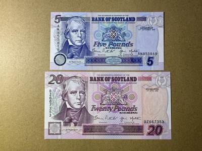 《愛美收藏》第239期-4.5周日外币黄金场  - 苏格兰5、20镑2张 UNC 苏格兰银行 无4绝品