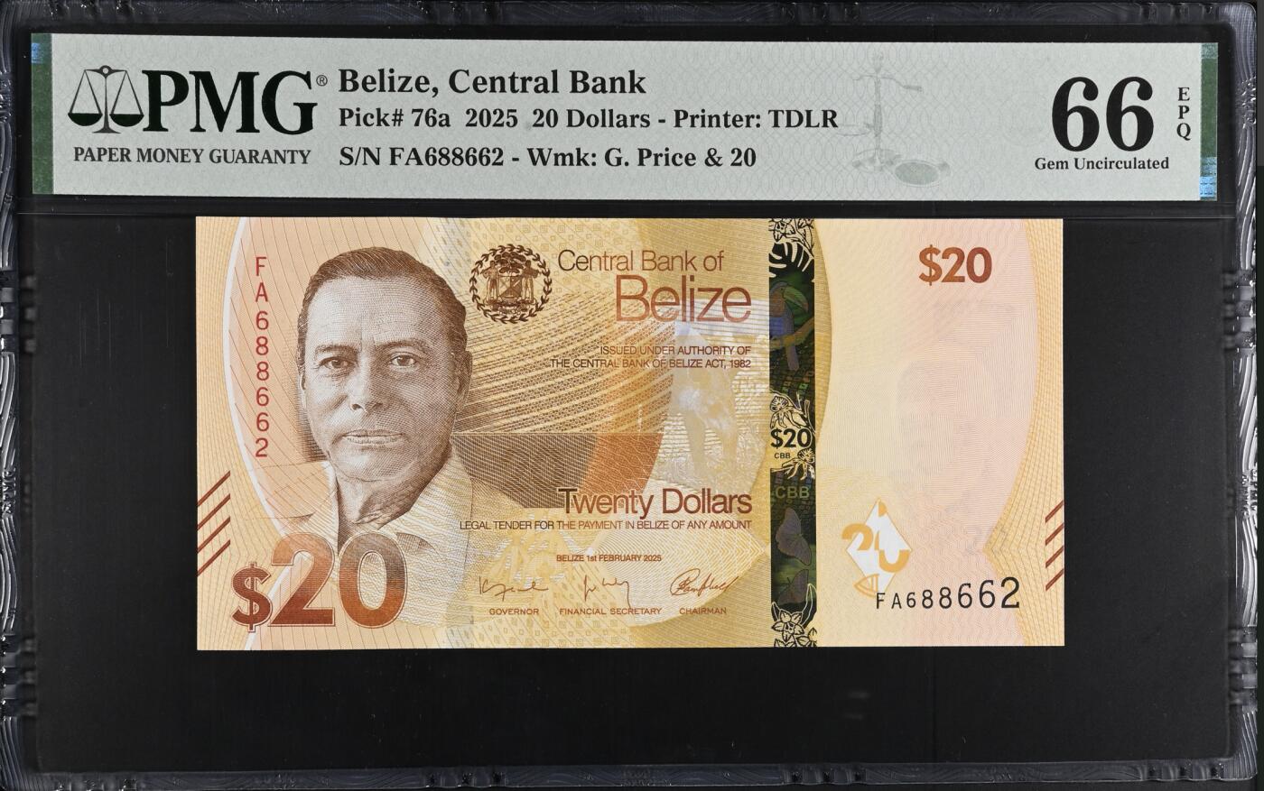 《愛美收藏》第239期-4.5周日外币黄金场  伯利兹20元 PMG66E 2025年 首冠 数3 无47