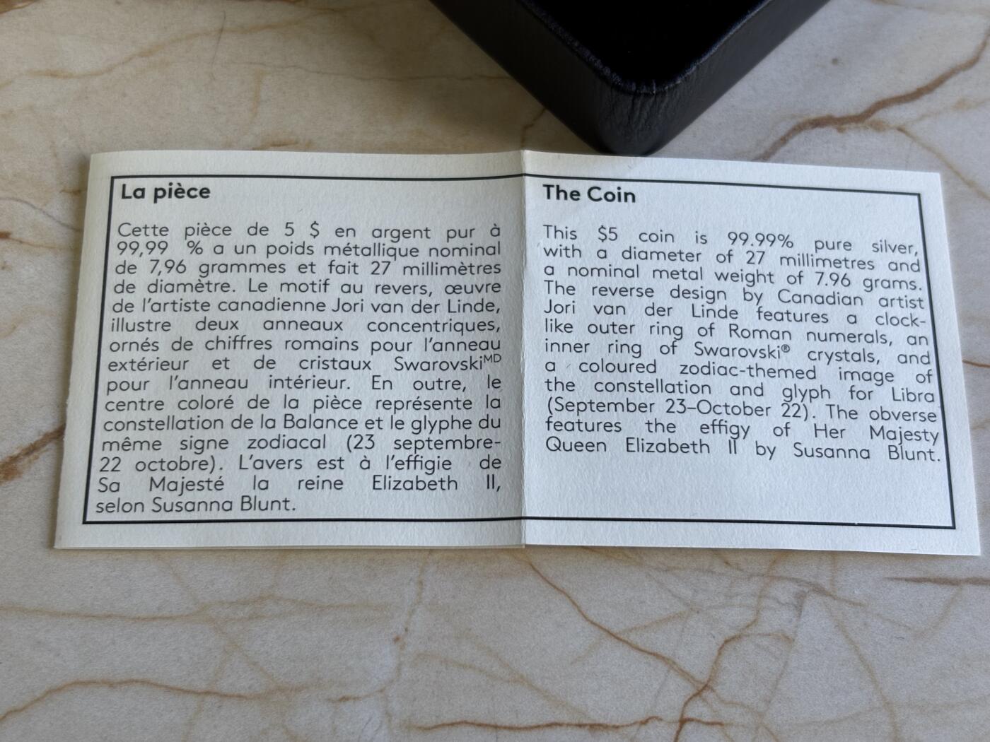 第196期拍卖 加拿大2019年十二星座系列10天秤座镶嵌水晶彩银币，9999银，70.96克，发行4000枚