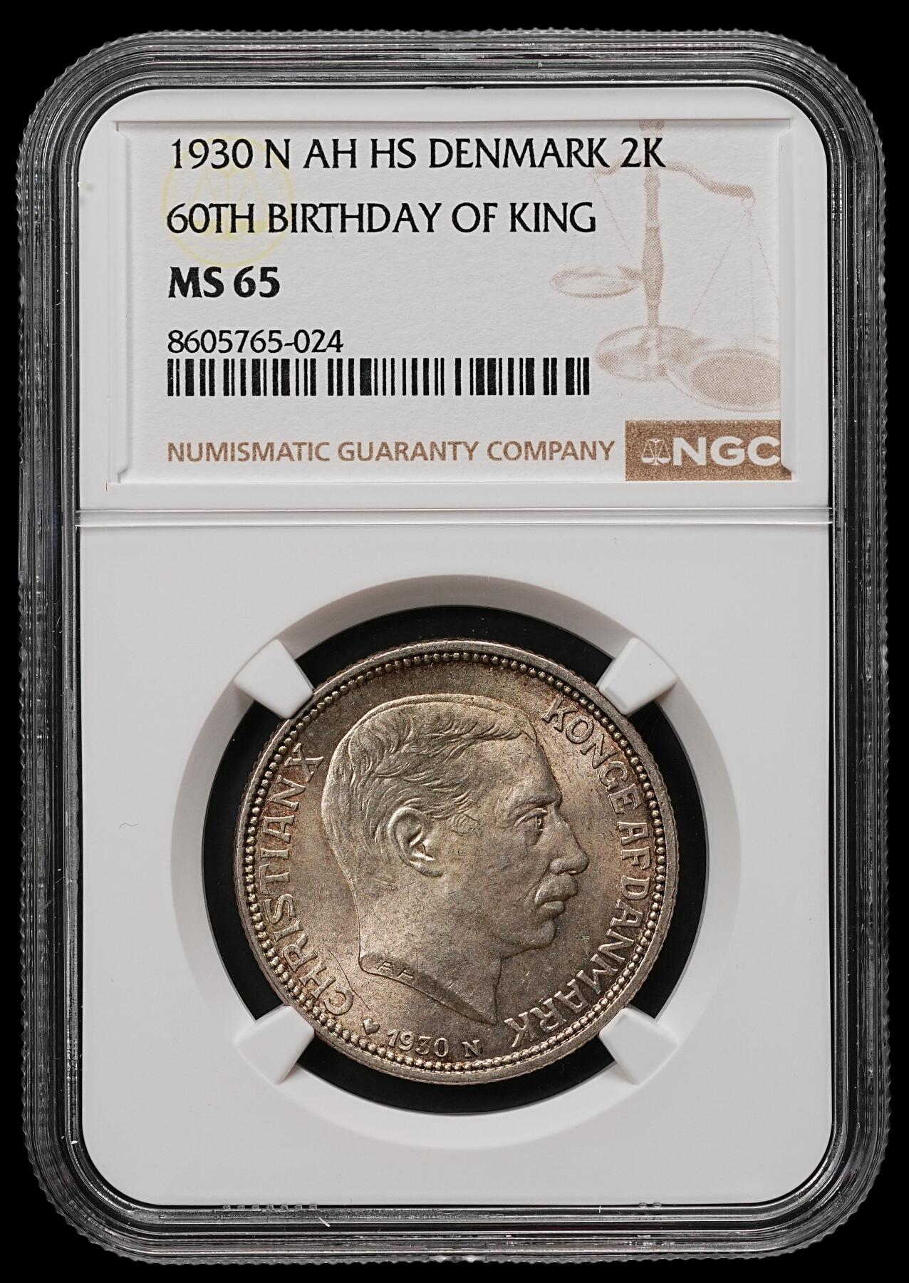 修遠堂世界钱币第110期 NGC MS65 1930年丹麦国王60大寿纪念2克朗银币