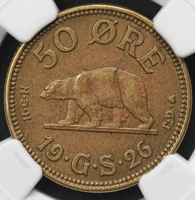 修遠堂世界钱币第110期 - NGC AU55 1926年格陵兰50欧尔