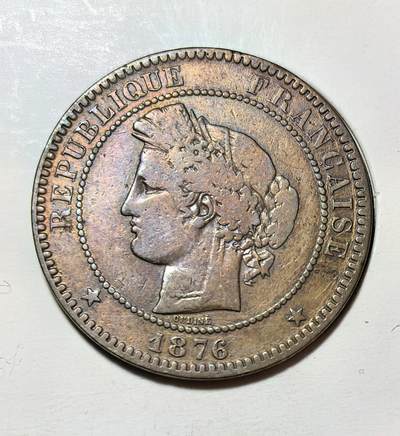 外国优质银币克朗币纪念章，每周六晚九点倒数截拍，满百包邮可寄存，持续收拍 - 法兰西第三共和国1876年10 生丁铜币，正面为刻瑞斯女神像，背面环绕 “自由、平等、博爱” 国训，是法国第三共和国时期的经典流通辅币，见证了法国共和制的确立。