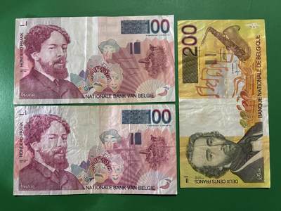 咖啡豆•收藏 2026年Apr_9th世界各国纸币拍卖 - 3枚 比利时 100&200法郎 品相如图 外国 欧洲纸币