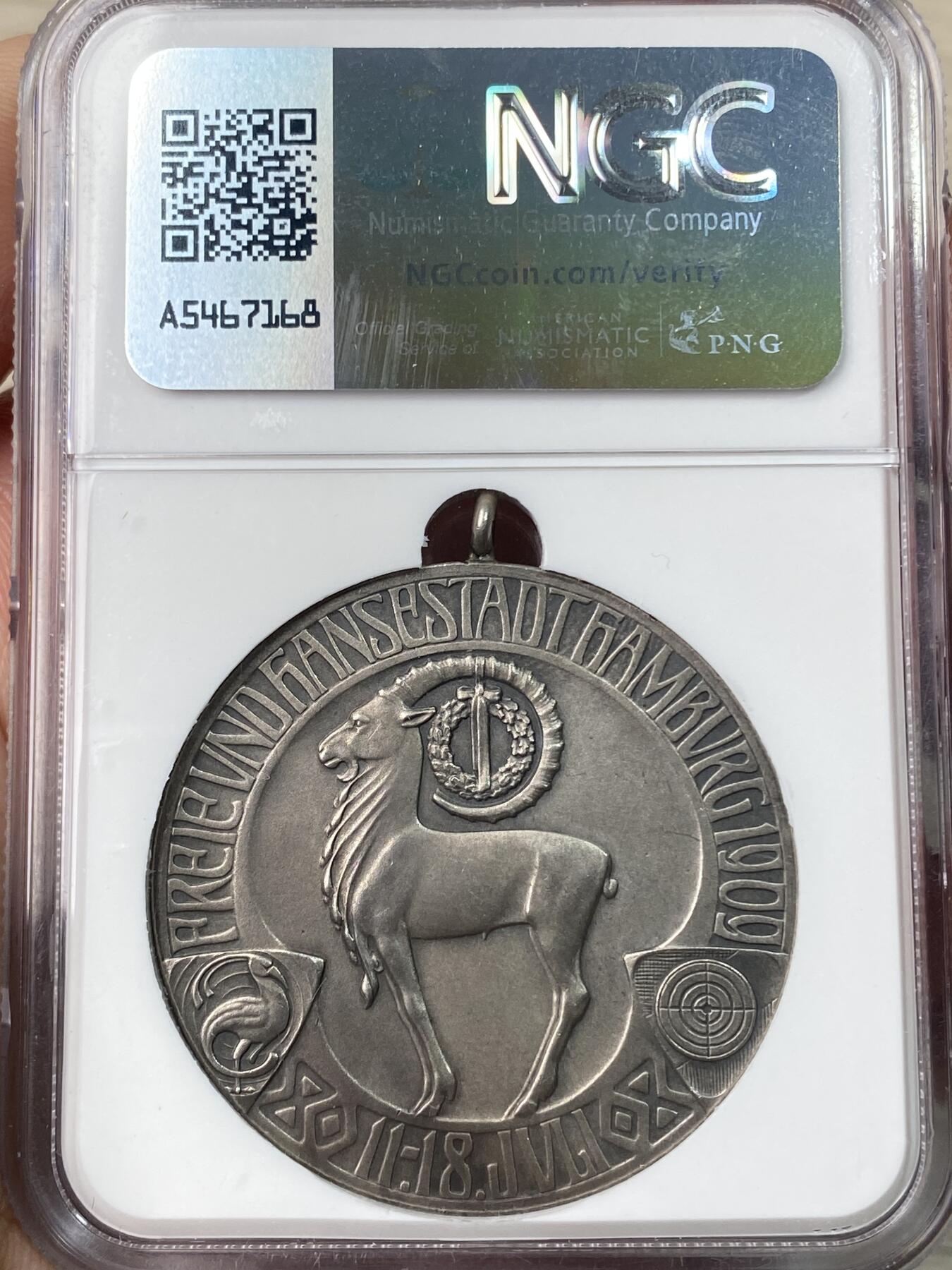 万国钱币拍卖第064期 NGC MS64 1909年德国汉堡射击节俾斯麦纪念大银章 原铸吊环高浮雕 原味MATTE质感 高分难得的收藏级