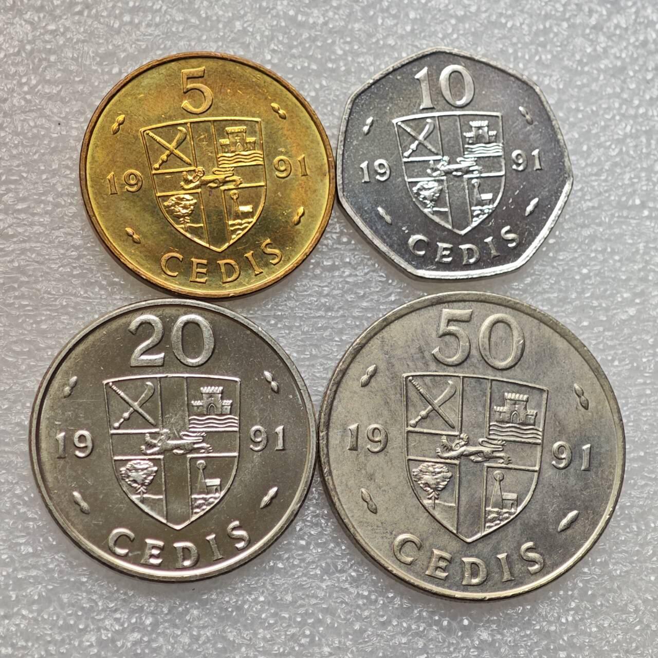  【淘币小摊】限时拍第八百九十二拍   教皇国塞舌尔加纳危地马拉场    每周一统一发货 加纳1991年4枚套 5塞地少见 50塞地合金币