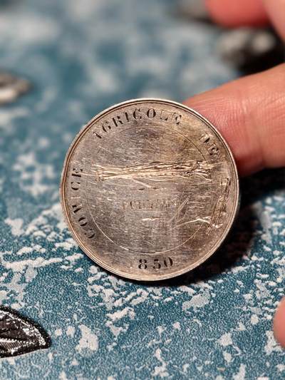 抚柳草堂-第二十六期章牌钱币  奖章勋章 满百包邮 放漏专场 1850法国地方农业竞赛银质奖章 二共时期 法国19世纪著名章牌雕刻师 Dubois作品 早期手指边铭 950银重17.1g 背面有划 边道一处轻微磕碰 