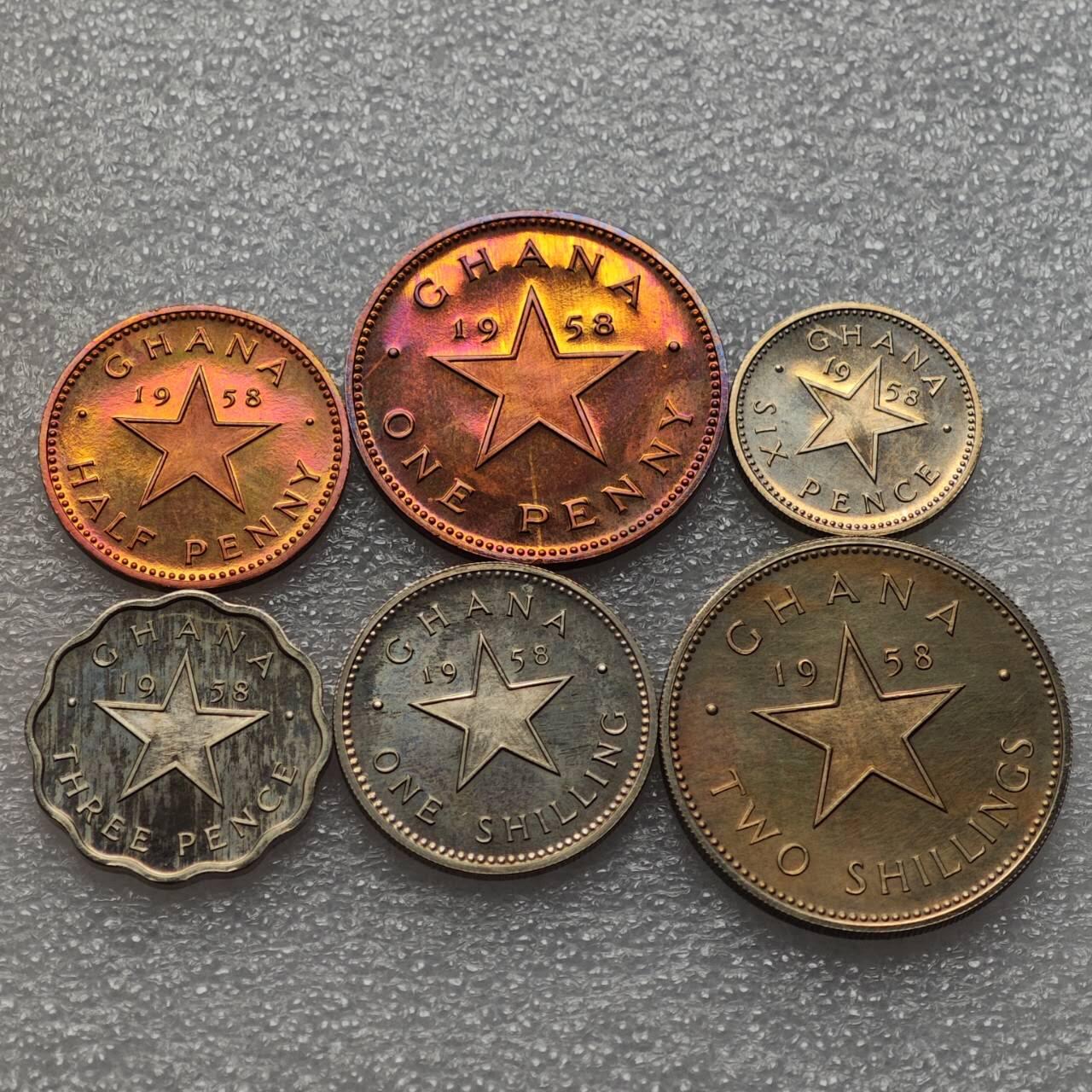  【淘币小摊】限时拍第八百九十二拍   教皇国塞舌尔加纳危地马拉场    每周一统一发货 加纳1958年精制套币6枚发行量2万套 km1-6