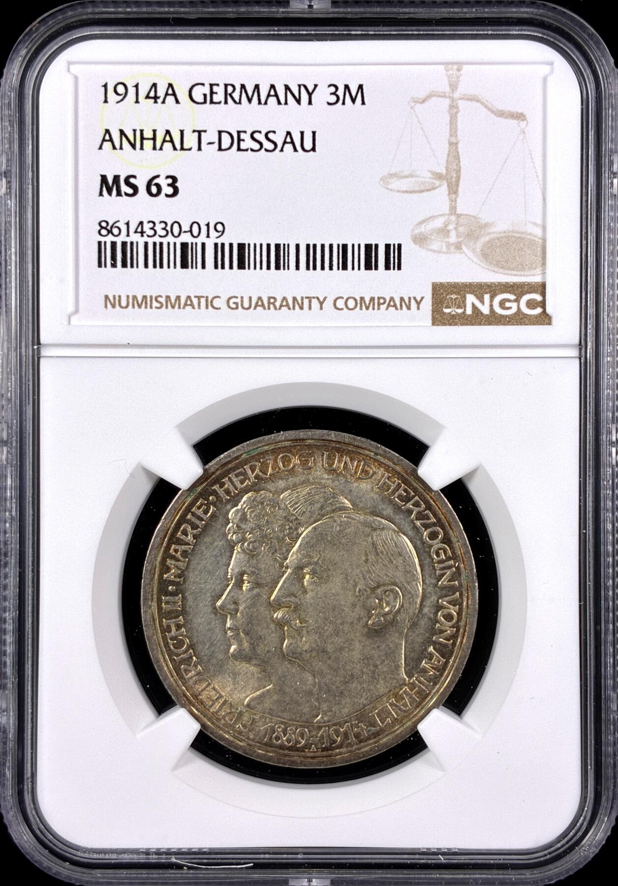 【雨安】【直播拍卖】【第0131期-评级币章】2026-04-04 周六 19:30 (金价1060, 银价18.08)  [评级德国] Germany 德国 帝国 J.024 安哈特-德绍 3马克 (1914) 弗里德里希二世金婚 1914年  NGC-MS63