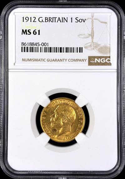 【雨安】【直播拍卖】【第0131期-评级币章】2026-04-04 周六 19:30 (金价1060, 银价18.08)  - [评级金铂] Great Britain [金币] 英国 1镑 1912年 乔治五世 [7.98克, 0.917金]  NGC-MS61