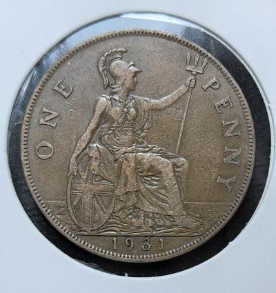 外国优质银币克朗币纪念章，每周六晚九点倒数截拍，满百包邮可寄存，持续收拍 - 英国乔治五世1931年1 便士铜币，正面为英王乔治五世像，背面是不列颠女神坐像，是大萧条时期英国的核心流通辅币，见证了帝国经济危机与战后历史。