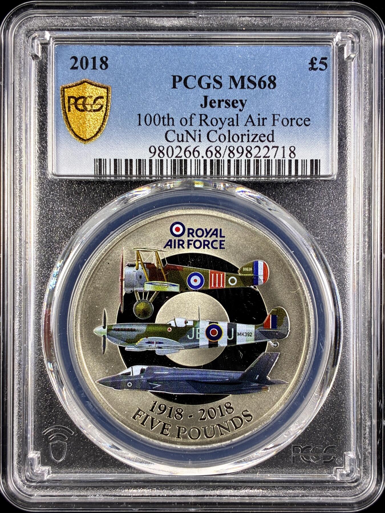 【雨安】【直播拍卖】【第0131期-评级币章】2026-04-04 周六 19:30 (金价1060, 银价18.08)  [评级现代] Jersey 泽西 5镑 2018年 皇家空军  PCGS-MS68