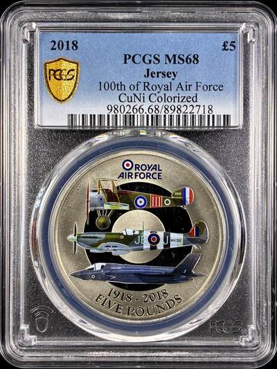 【雨安】【直播拍卖】【第0131期-评级币章】2026-04-04 周六 19:30 (金价1060, 银价18.08)  - [评级现代] Jersey 泽西 5镑 2018年 皇家空军  PCGS-MS68