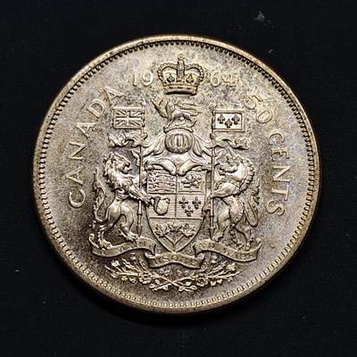 【全场包邮】纯粹捡漏拍518场 - 加拿大1964年女王50分银币【29.7毫米11.66克80%】