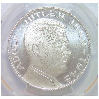 PCGS SP65 德国第三帝国1945年元首+鹰徽 高浮雕精制镀银样章 35MM - PCGS SP65 德国第三帝国1945年元首+鹰徽 高浮雕精制镀银样章 35MM
