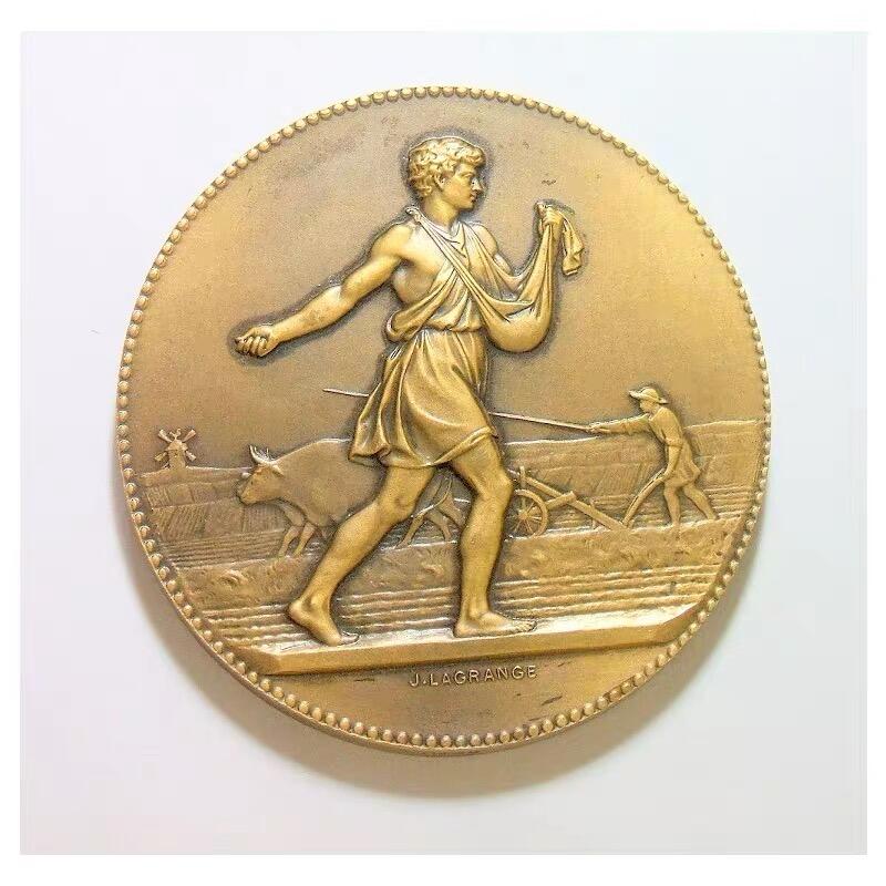 可评级 法国1900年前后 谷物播种男神高浮雕精制大铜章 50MM