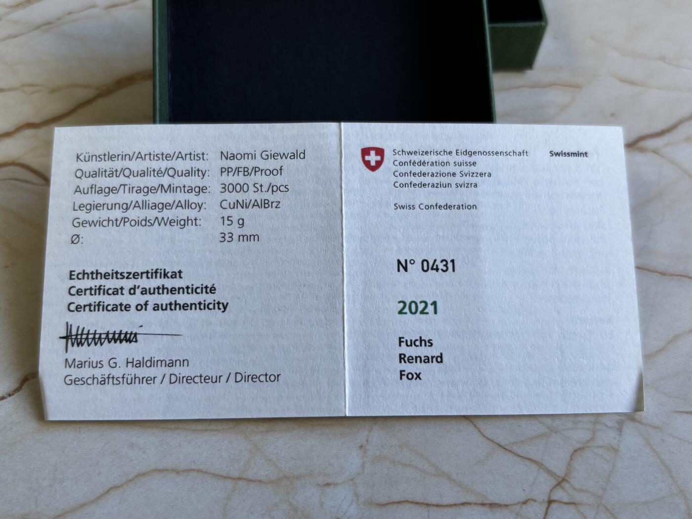 第196期拍卖 瑞士2021年森林动物狐狸10法郎双色精制纪念币，有氧化，